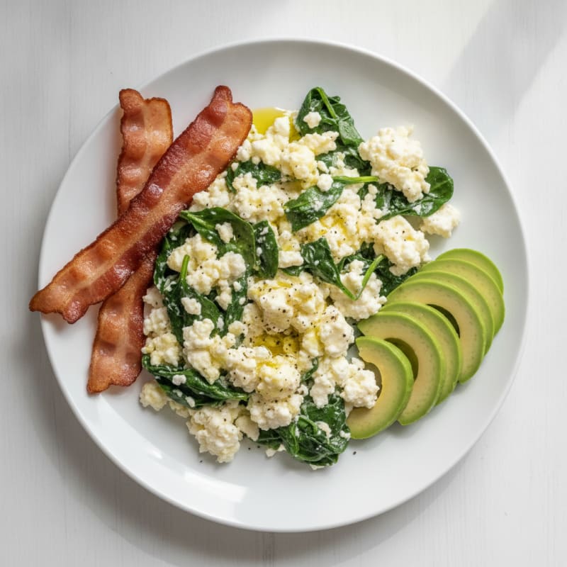 Egg White and Spinach Scramble with Cottage Cheese and Turkey Bacon
