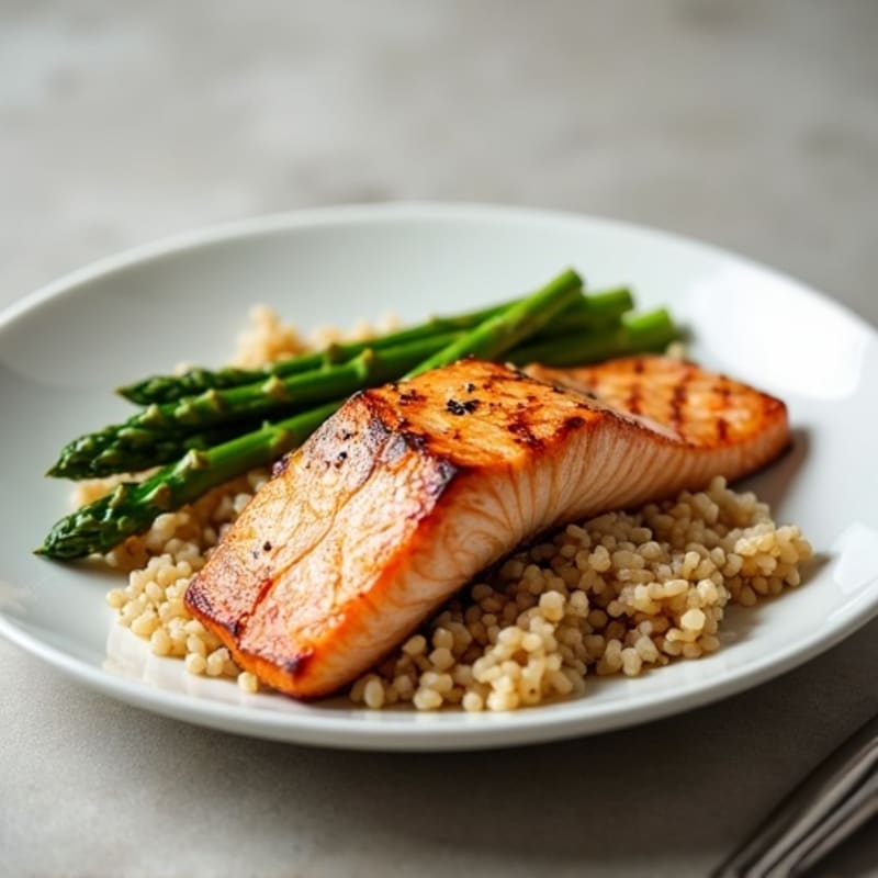 Seared Salmon Fillet with Steamed Asparagus and Brown Rice