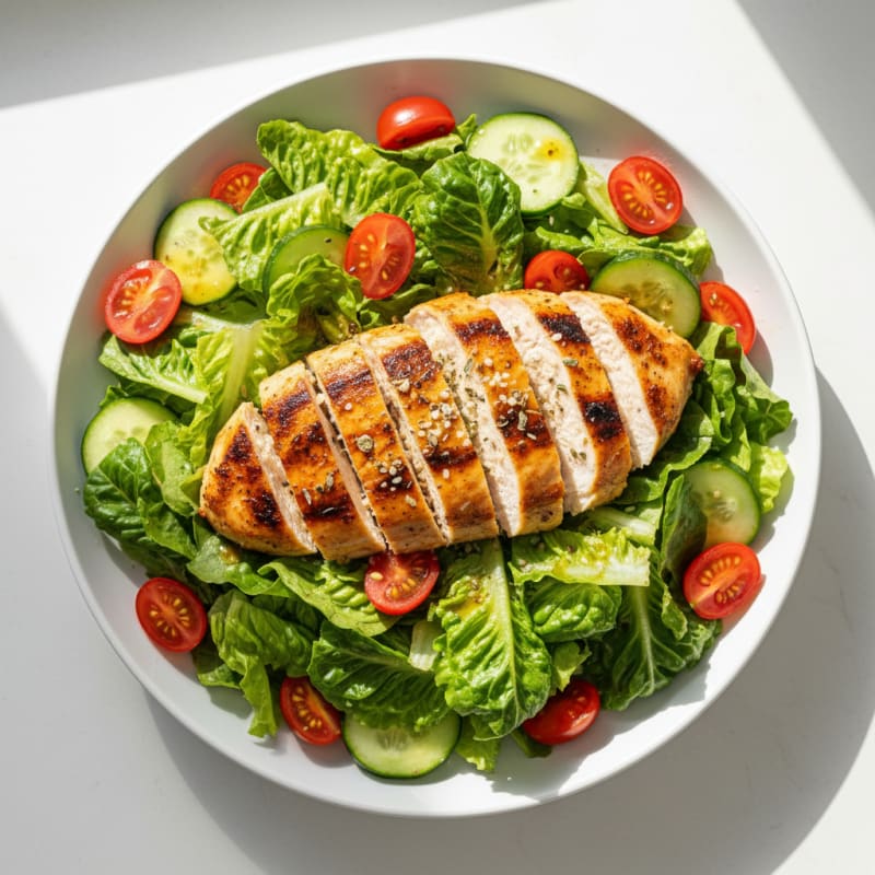 Grilled Chicken Breast with Crisp Romaine and Cherry Tomato Salad