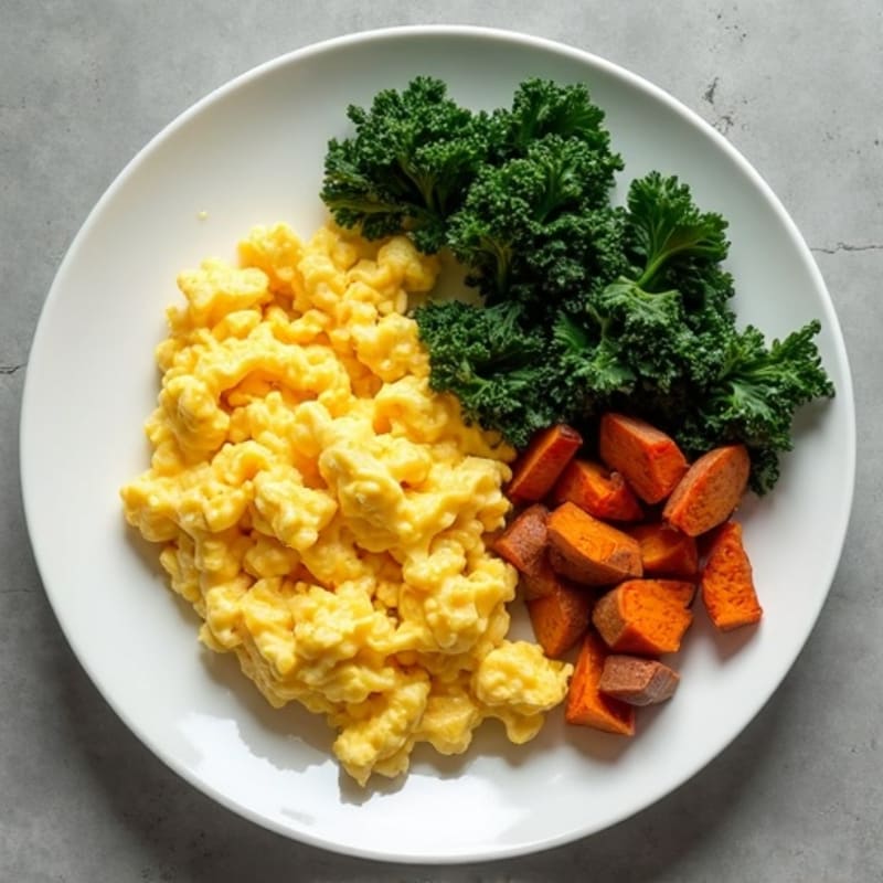 Fluffy Scrambled Eggs with Roasted Sweet Potatoes and Kale