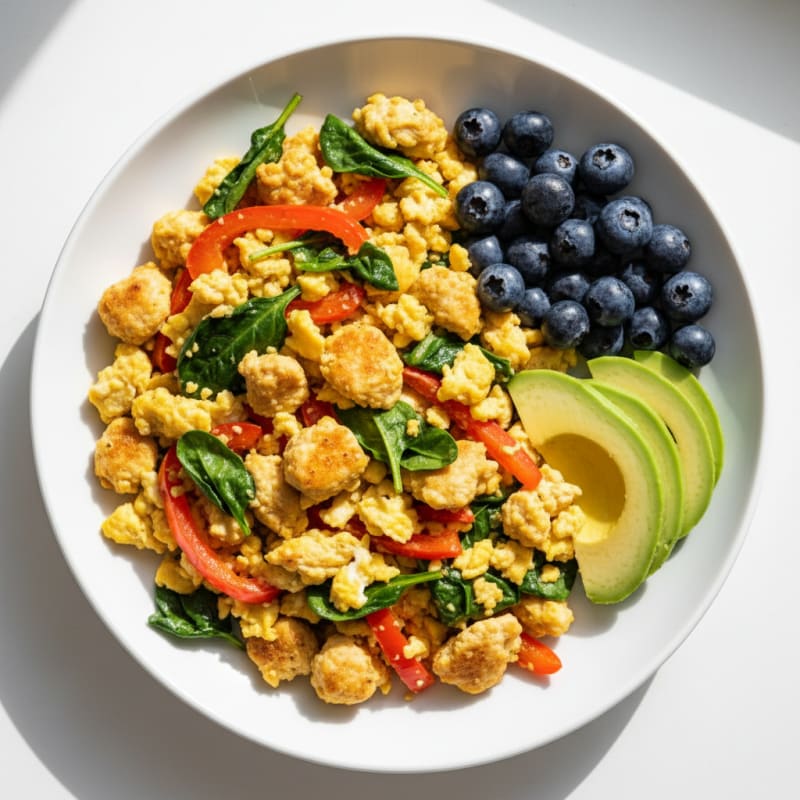 Chicken and Veggie Egg Scramble with Fresh Berries