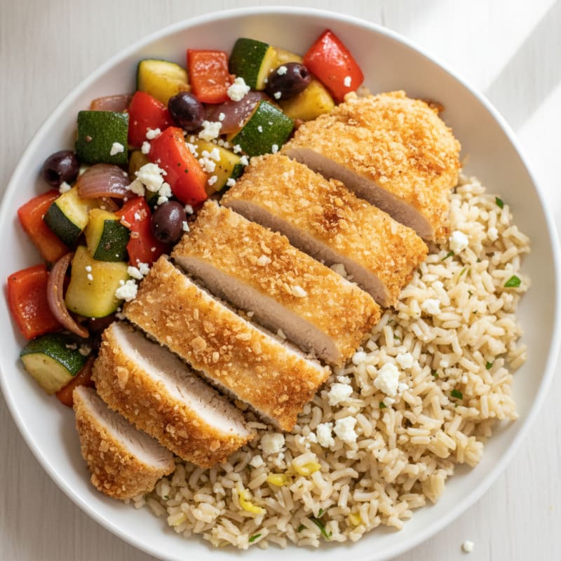Crispy Chicken Breast with Roasted Greek Vegetables and Herbed Rice