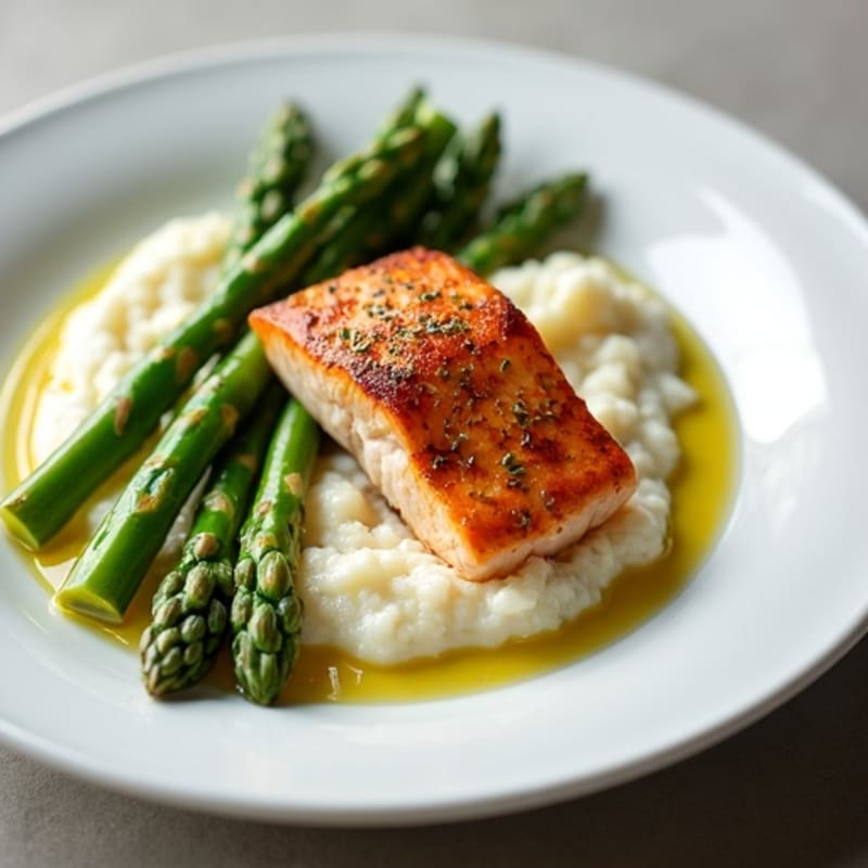 Seared Salmon with Steamed Asparagus and Cauliflower Mash