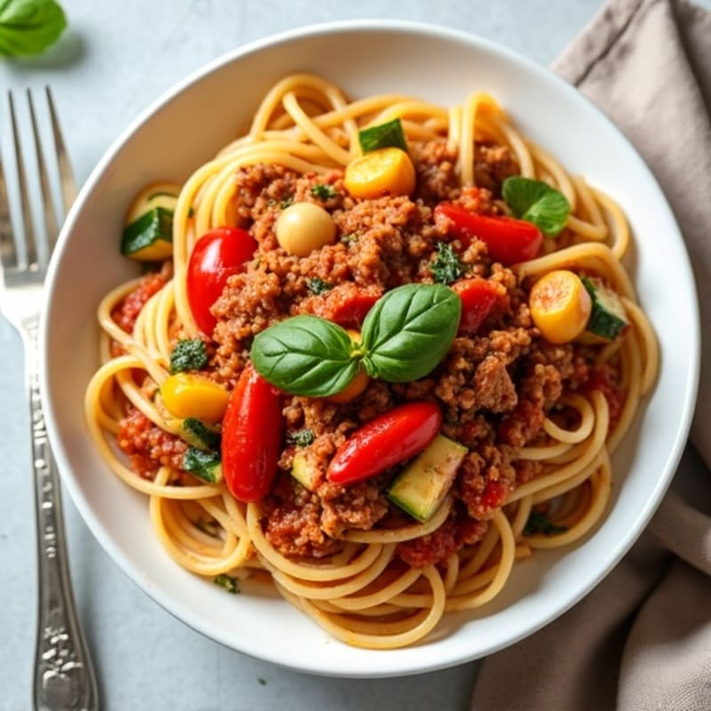 Lean Ground Turkey and Veggie Spaghetti with Hearty Tomato Sauce