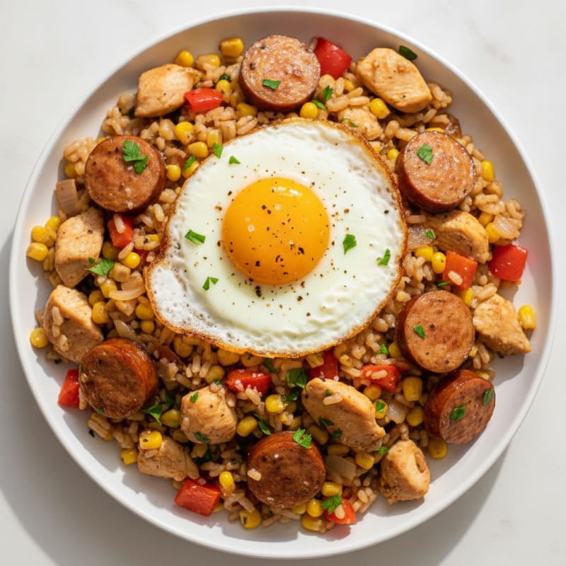 Chicken and Sausage Rice Skillet with Eggs