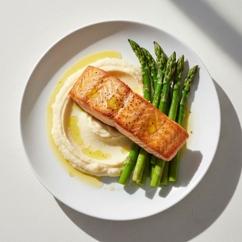 Seared Salmon with Steamed Asparagus and Cauliflower Mash