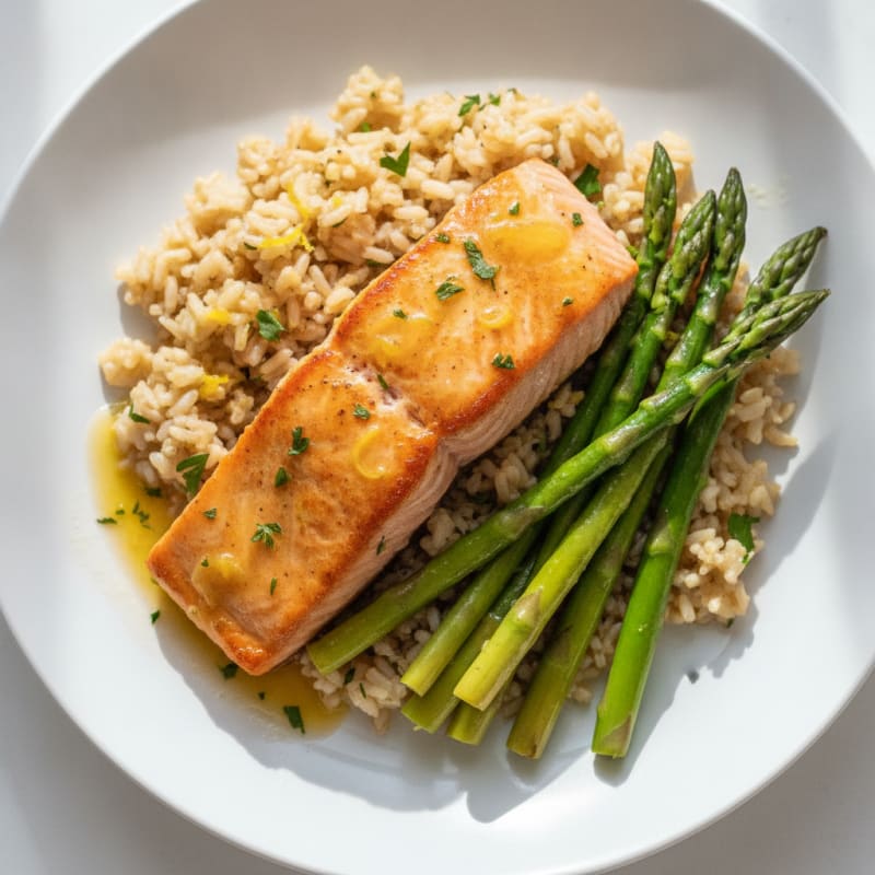 Seared Salmon with Steamed Asparagus and Lemon Herb Rice