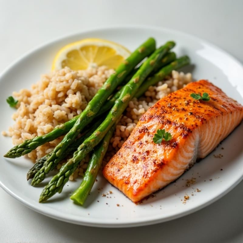 Seared Salmon Fillet with Steamed Asparagus and Brown Rice