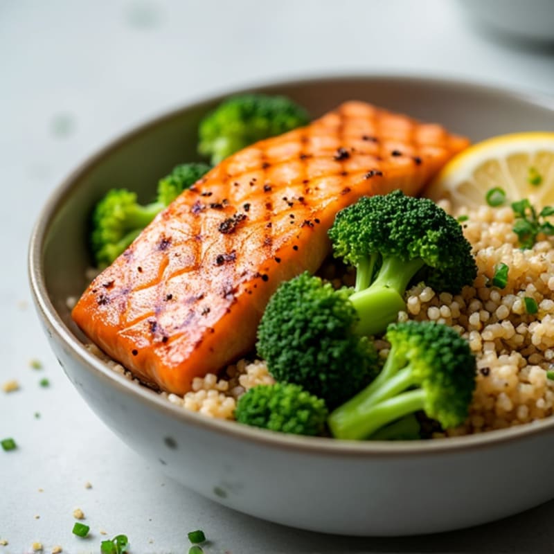 Grilled Salmon and Quinoa Bowl with Steamed Broccoli