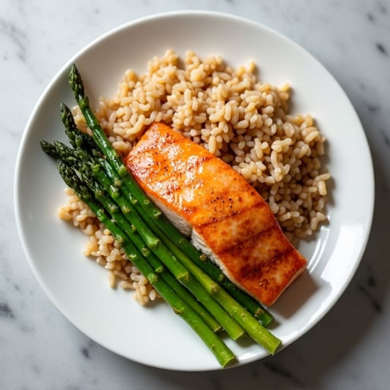 Seared Salmon with Steamed Asparagus and Brown Rice