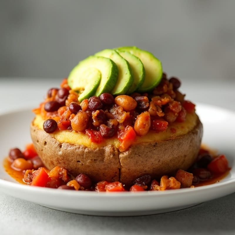 Fluffy Baked Potato with Hearty Turkey Chili and Creamy Avocado