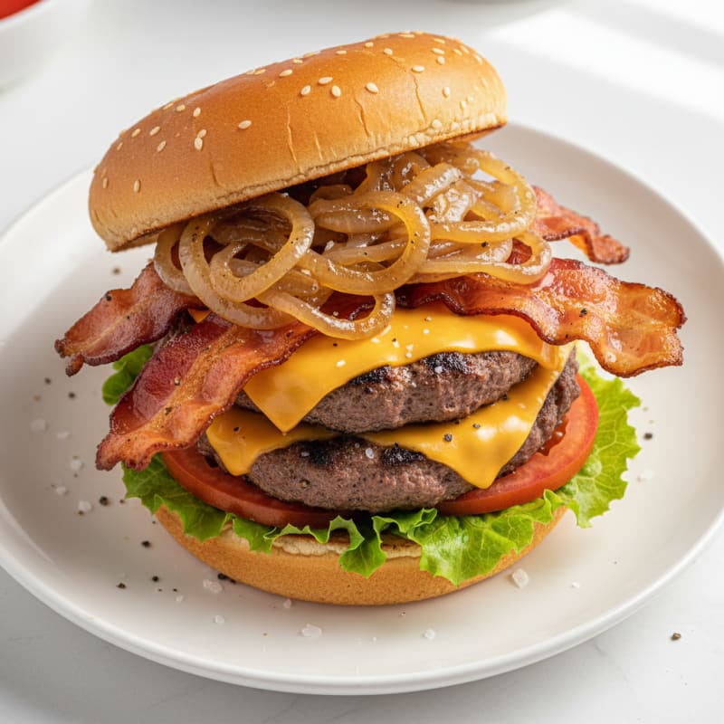 Double Bacon Cheeseburger with Caramelized Onions