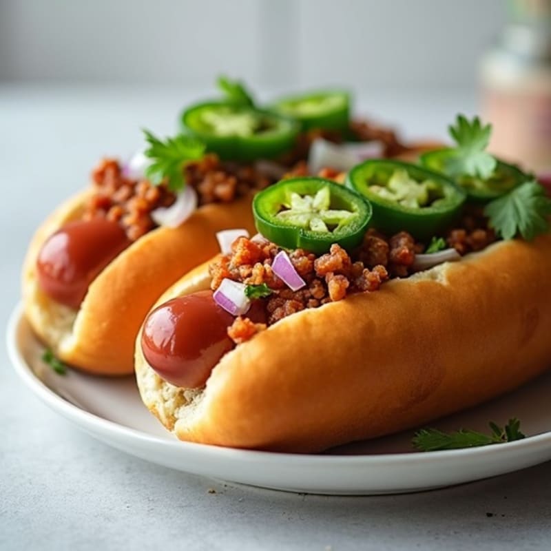 Lean Turkey Chili-Topped Hot Dogs with Fresh Toppings
