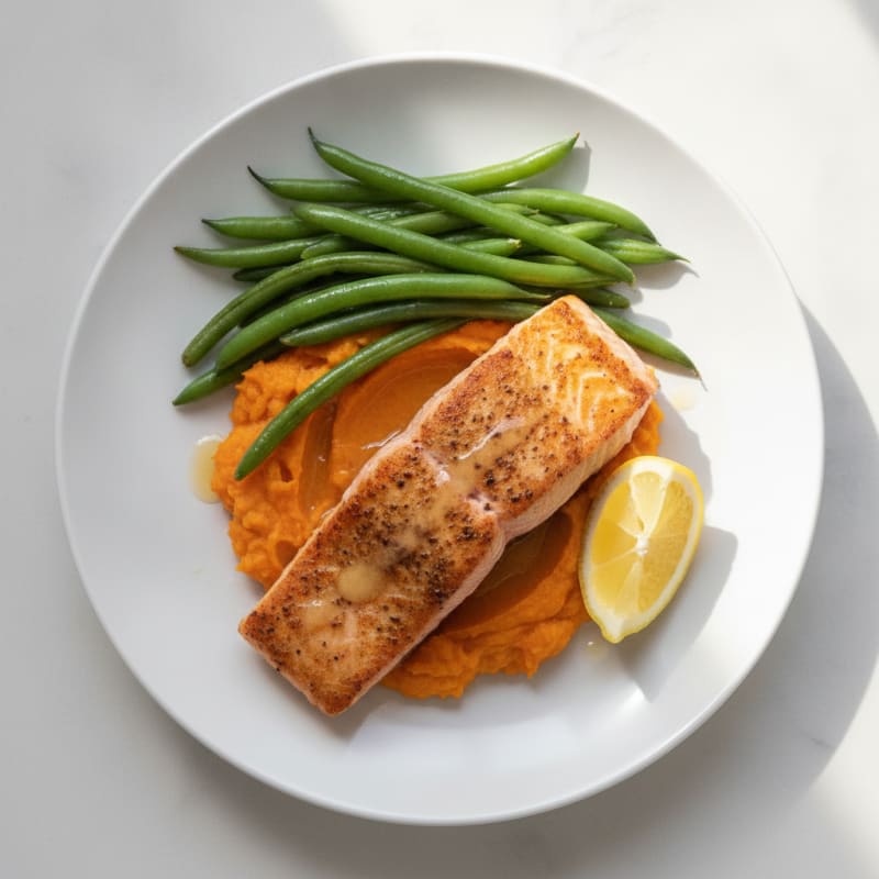 Seared Salmon with Steamed Green Beans and Sweet Potato Mash