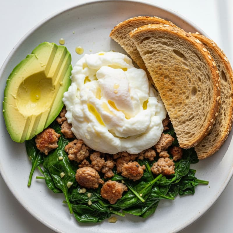 Scrambled Egg Whites with Turkey Sausage and Sautéed Spinach