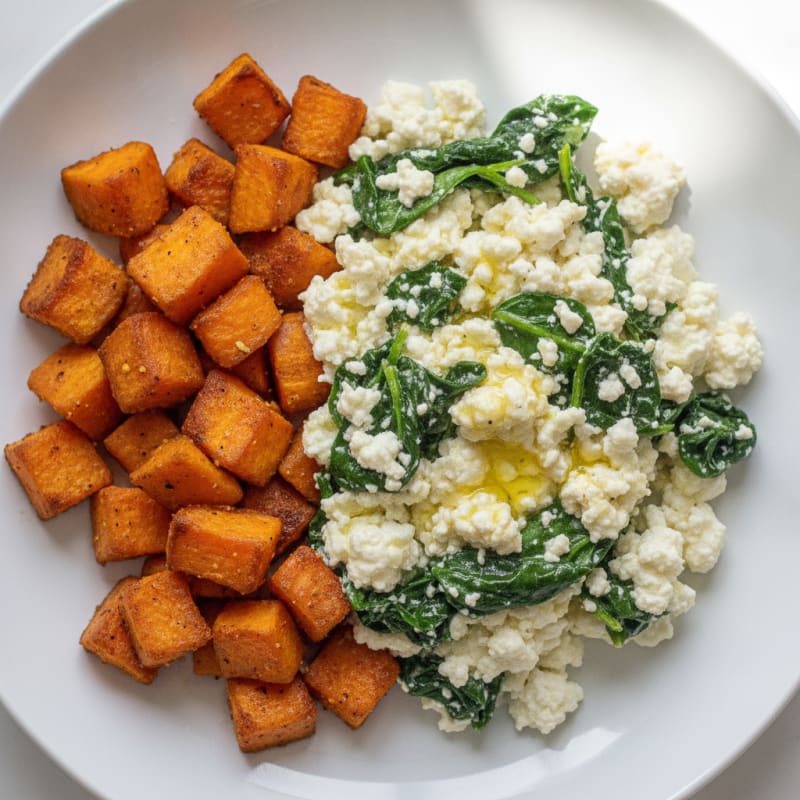 Egg White and Spinach Scramble with Cottage Cheese and Roasted Sweet Potatoes