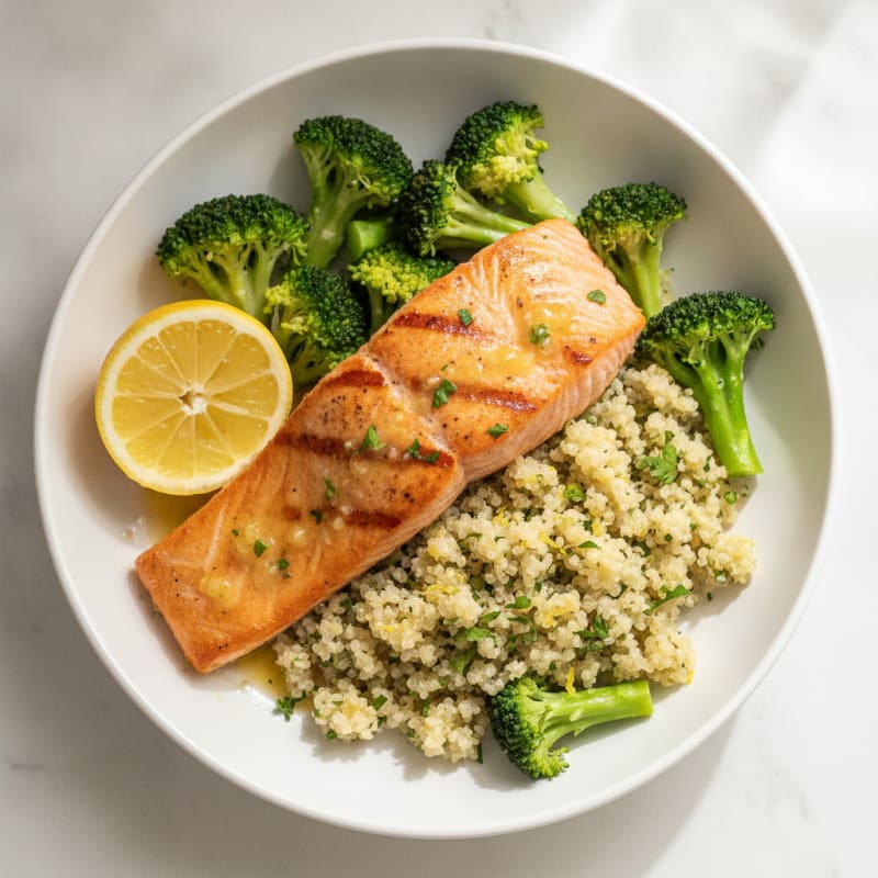 Seared Salmon with Steamed Broccoli and Lemon-Herb Quinoa