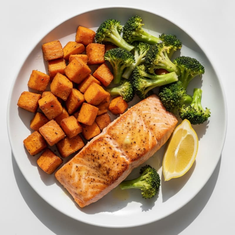 Seared Salmon with Roasted Sweet Potatoes and Broccoli