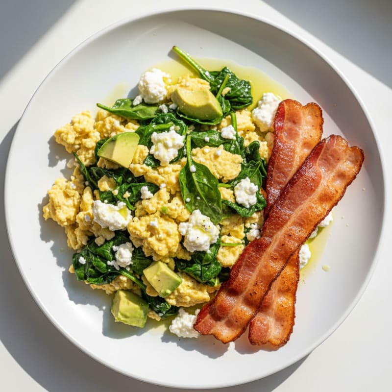 Cottage Cheese Scramble with Spinach and Turkey Bacon