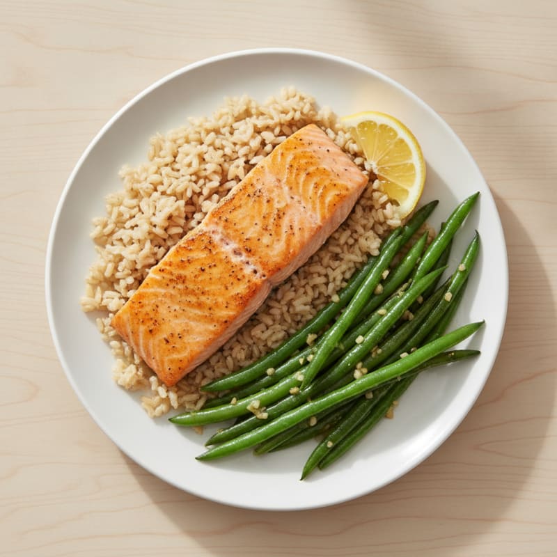 Seared Salmon with Garlic Green Beans and Brown Rice