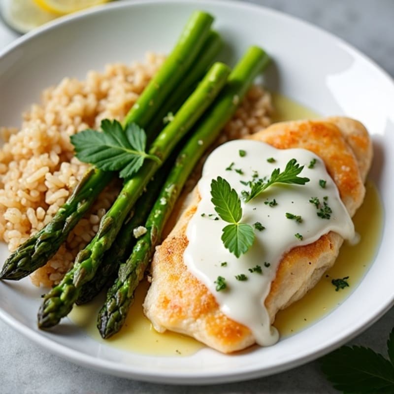 Creamy Lemon Herb Chicken with Roasted Asparagus and Brown Rice
