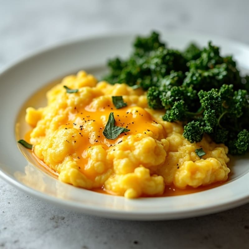 Fluffy Scrambled Eggs with Sautéed Greens
