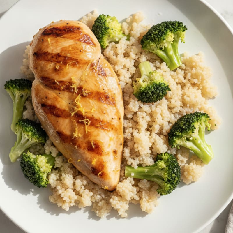 Grilled Lemon-Garlic Chicken Breast with Quinoa and Steamed Broccoli
