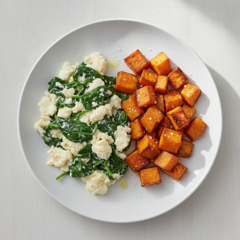 Egg White Spinach Scramble with Roasted Sweet Potato