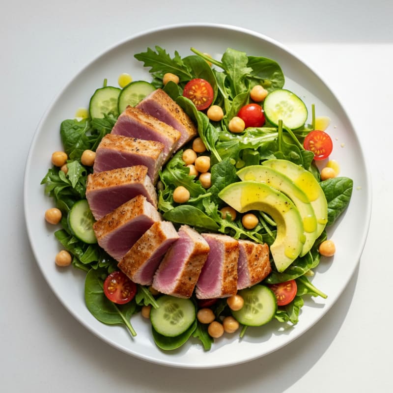 Grilled Tuna Steak Salad with Chickpeas and Lemon Vinaigrette