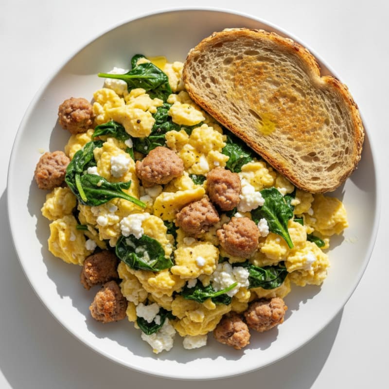 Cottage Cheese Scramble with Turkey Sausage and Spinach