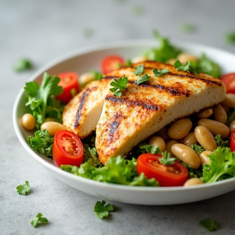 Grilled Chicken Breast Salad with Crunchy Romaine, Cherry Tomatoes, and White Beans