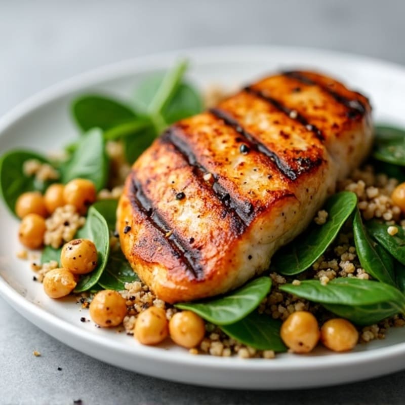 Grilled Chicken Breast with Quinoa Spinach Salad and Roasted Chickpeas