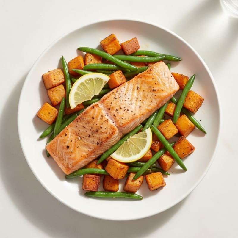 Seared Salmon Fillet with Roasted Sweet Potatoes and Green Beans