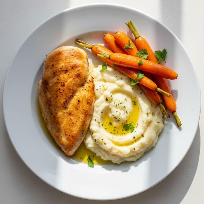 Oven-Baked Chicken with Herbed Potato Mash and Sautéed Carrots