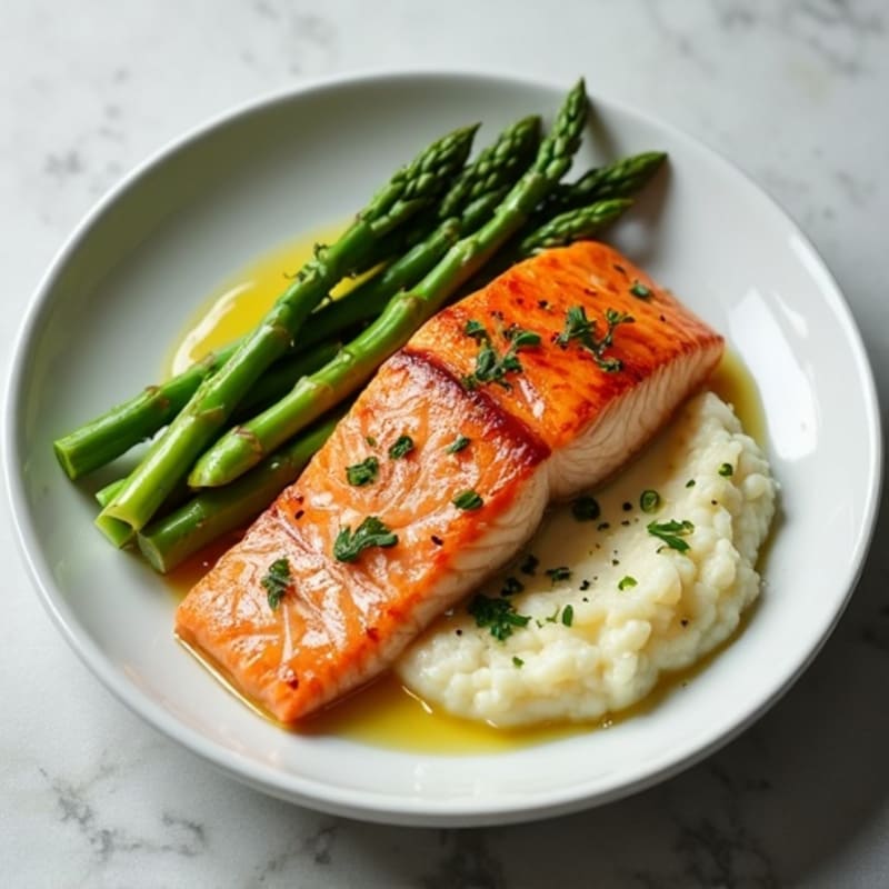 Seared Salmon with Steamed Asparagus and Garlic Cauliflower Mash