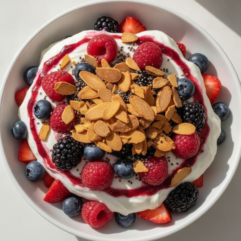 Greek Yogurt Protein Parfait with Mixed Berries and Almonds
