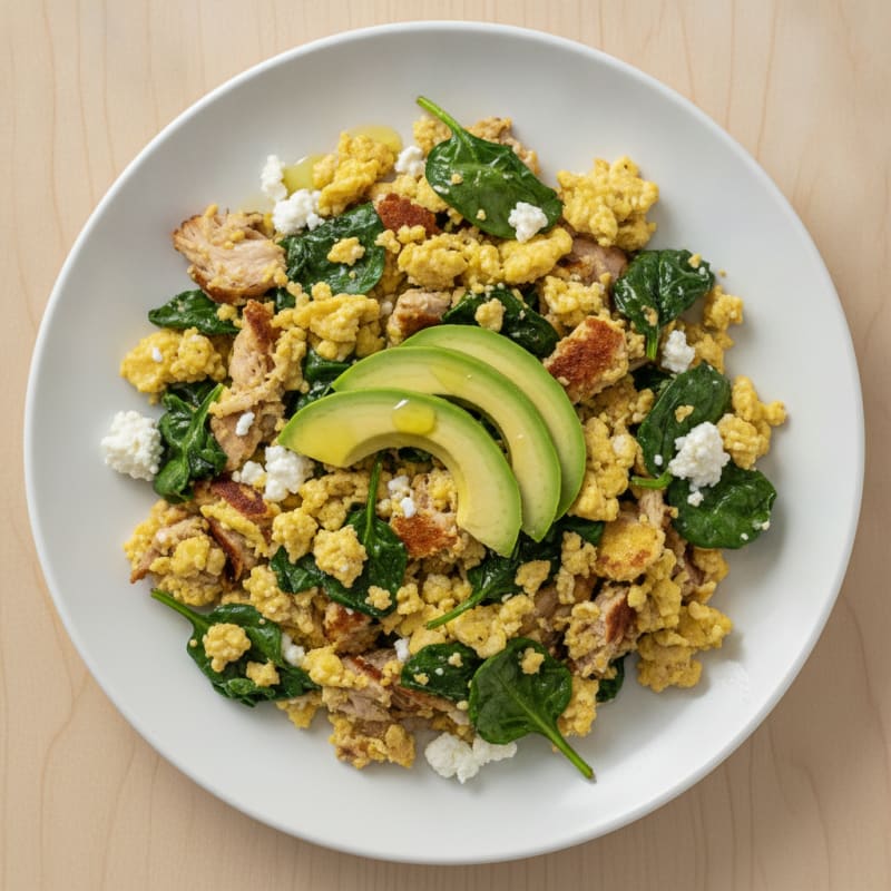 Cottage Cheese Egg Scramble with Roasted Turkey and Spinach