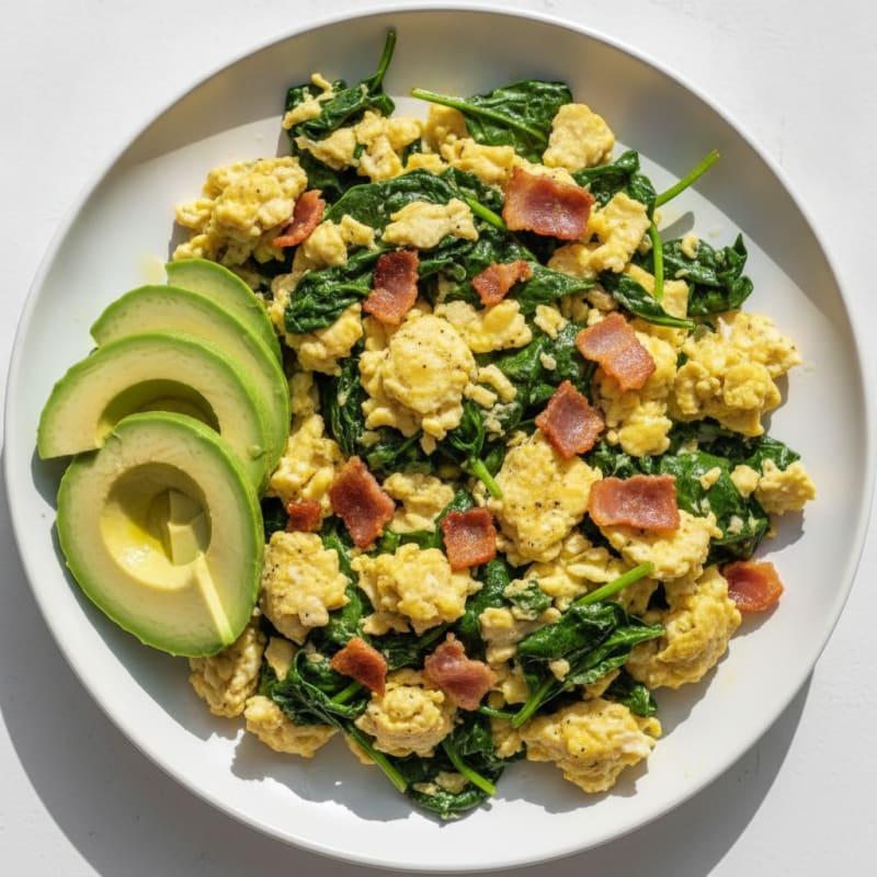 Crispy Turkey Bacon and Egg White Scramble with Sautéed Spinach