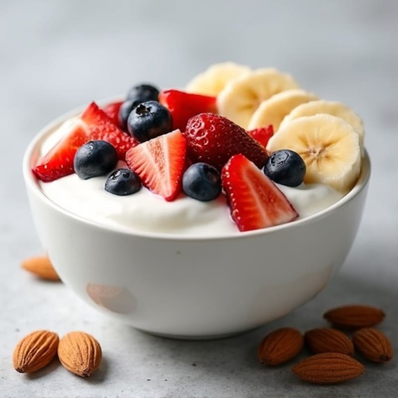 Creamy Greek Yogurt with Fresh Strawberries, Blueberries, Banana, and Crunchy Almonds