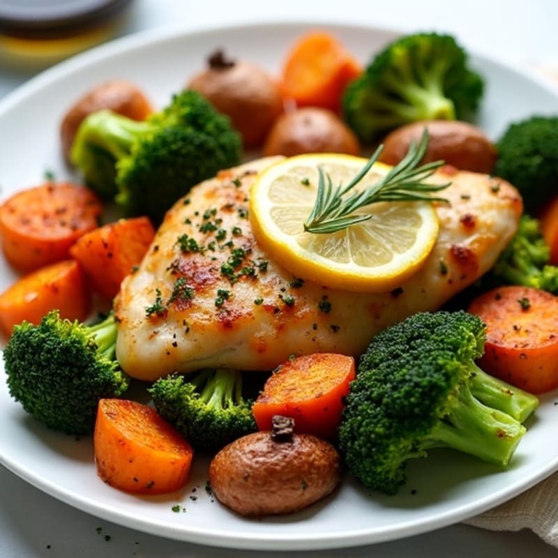 Sheet Pan Lemon-Herb Roasted Chicken with Crispy Broccoli and Sweet Potatoes