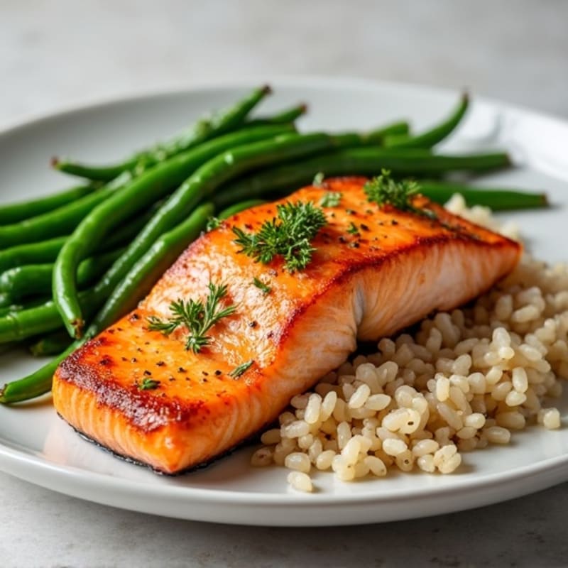 Seared Salmon Fillet with Garlic Green Beans and Brown Rice