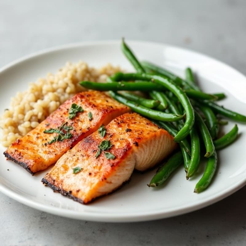 Seared Salmon Fillet with Garlic Green Beans and Brown Rice