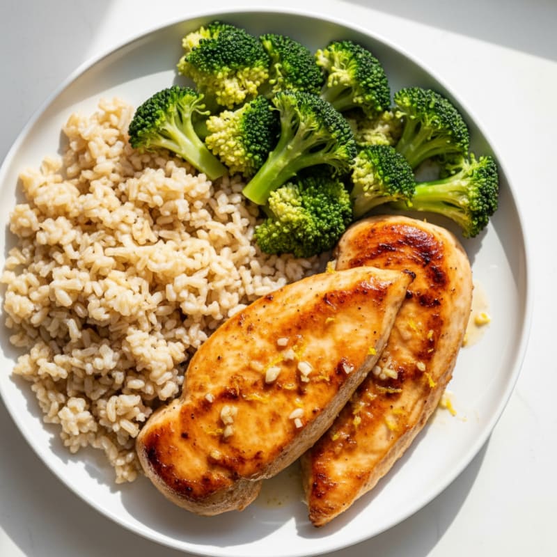 Seared Lemon Garlic Chicken Breast with Steamed Broccoli and Brown Rice