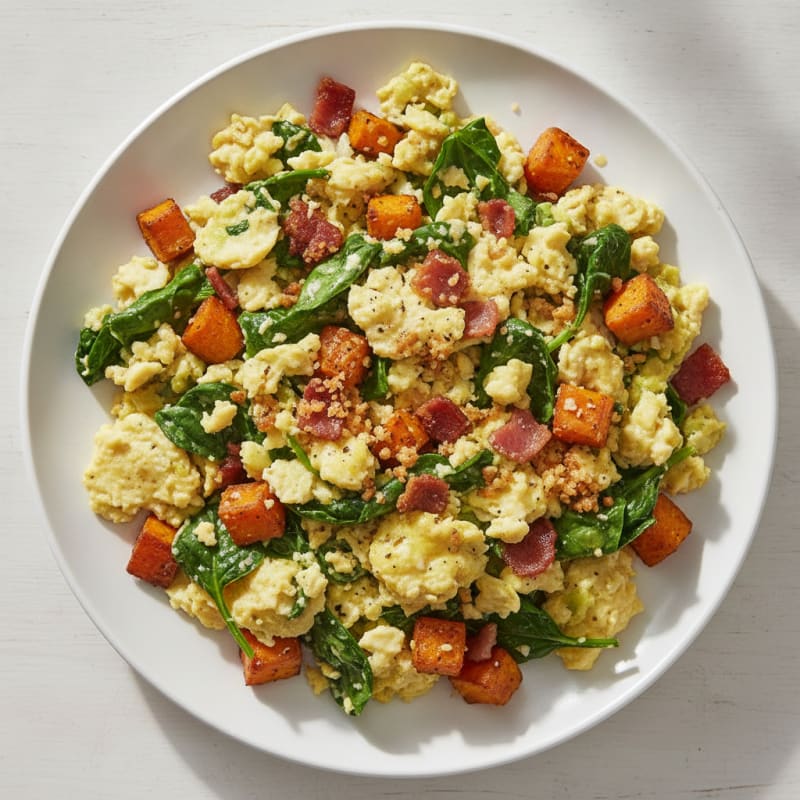 Crispy Turkey Bacon and Spinach Egg Scramble with Sweet Potato Hash