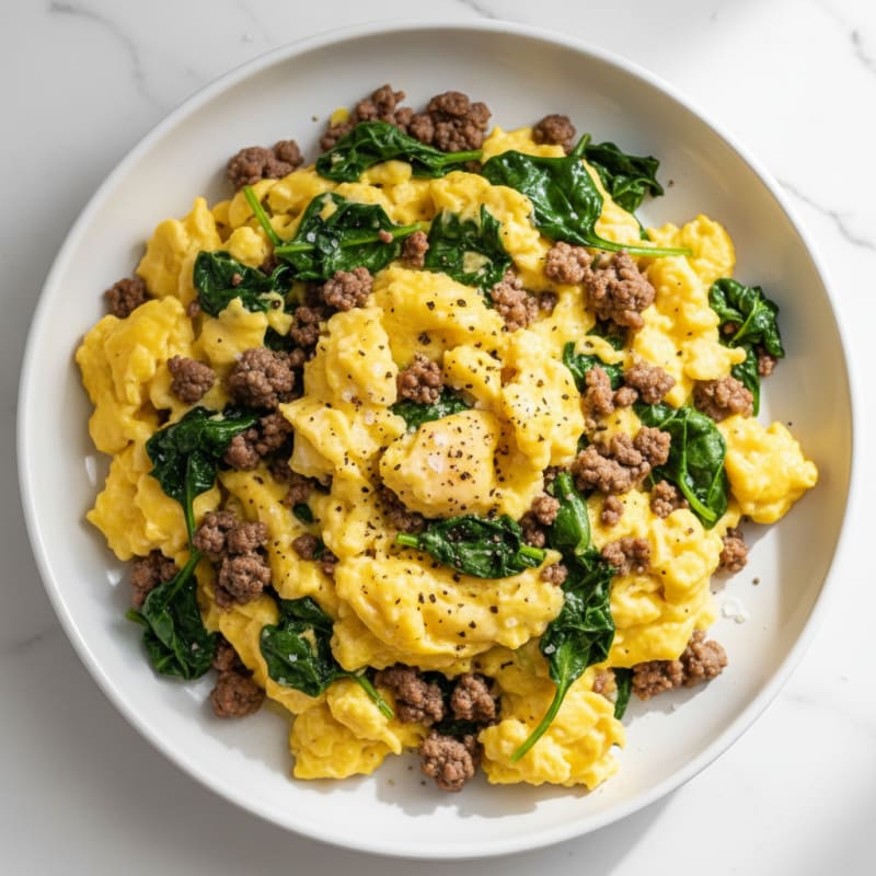 Scrambled Eggs with Ground Beef and Spinach
