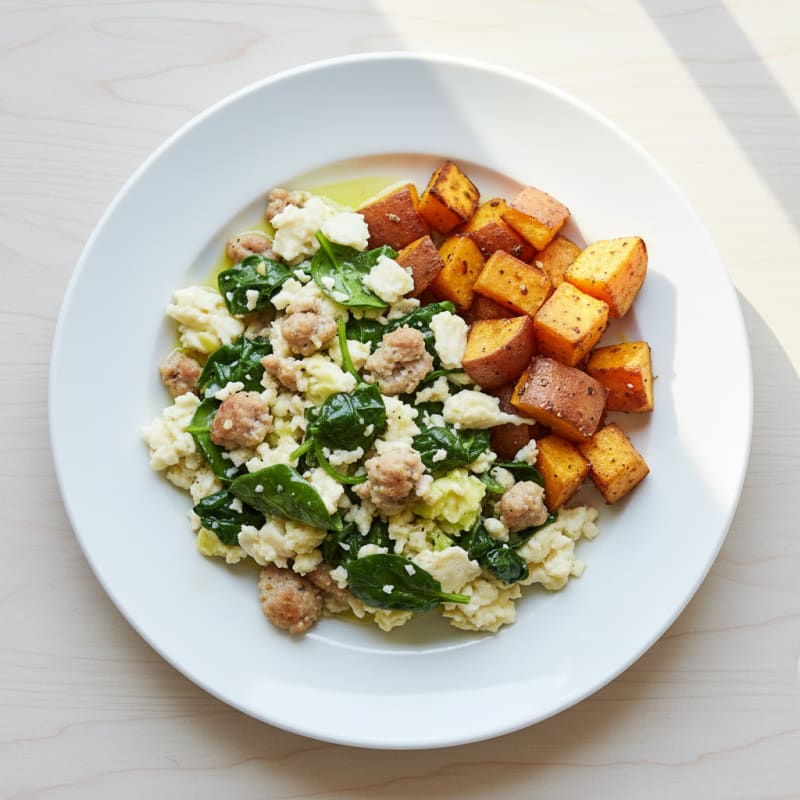 Egg White and Turkey Sausage Scramble with Spinach and Roasted Sweet Potatoes
