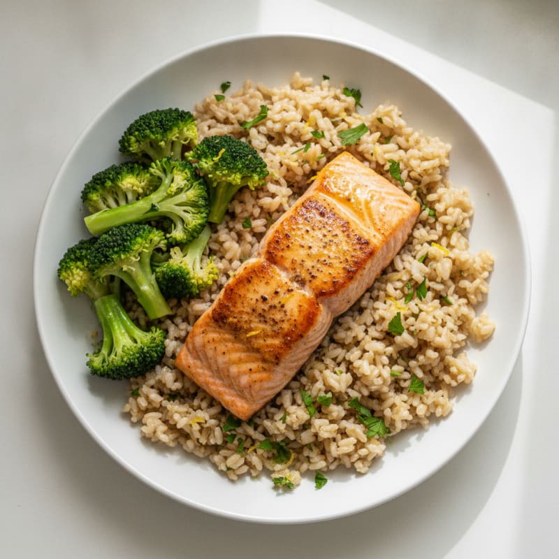 Seared Salmon with Steamed Broccoli and Lemon-Herb Brown Rice