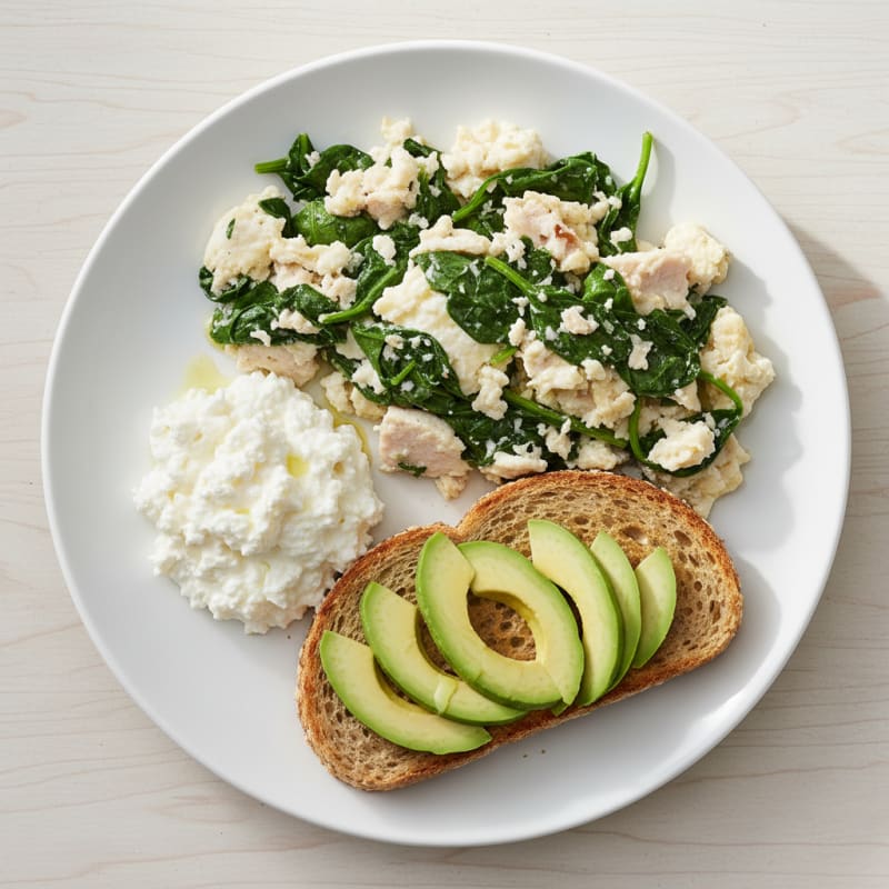 Egg White and Spinach Scramble with Cottage Cheese and Sliced Turkey