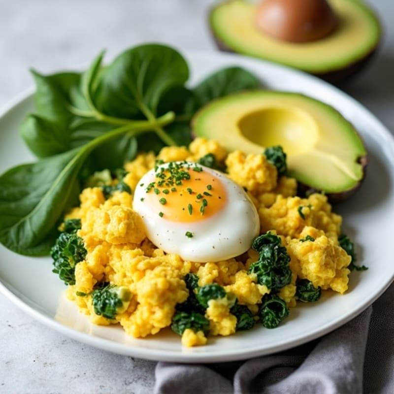 Fluffy Protein Scramble with Fresh Spinach and Creamy Avocado