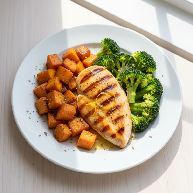 Grilled Chicken Breast with Roasted Sweet Potato and Steamed Broccoli